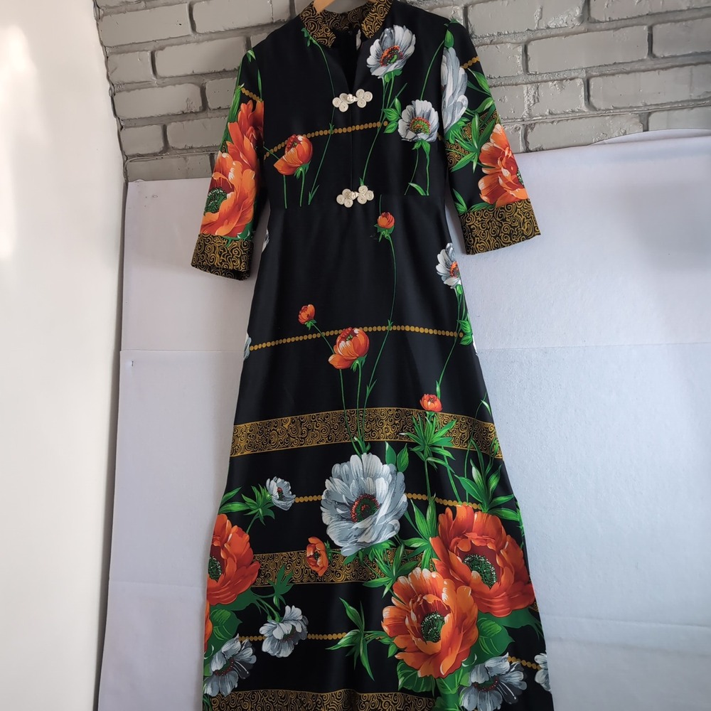 Vintage Alice of California Floral Maxi Dress Black Orange Frog Closure Boho L